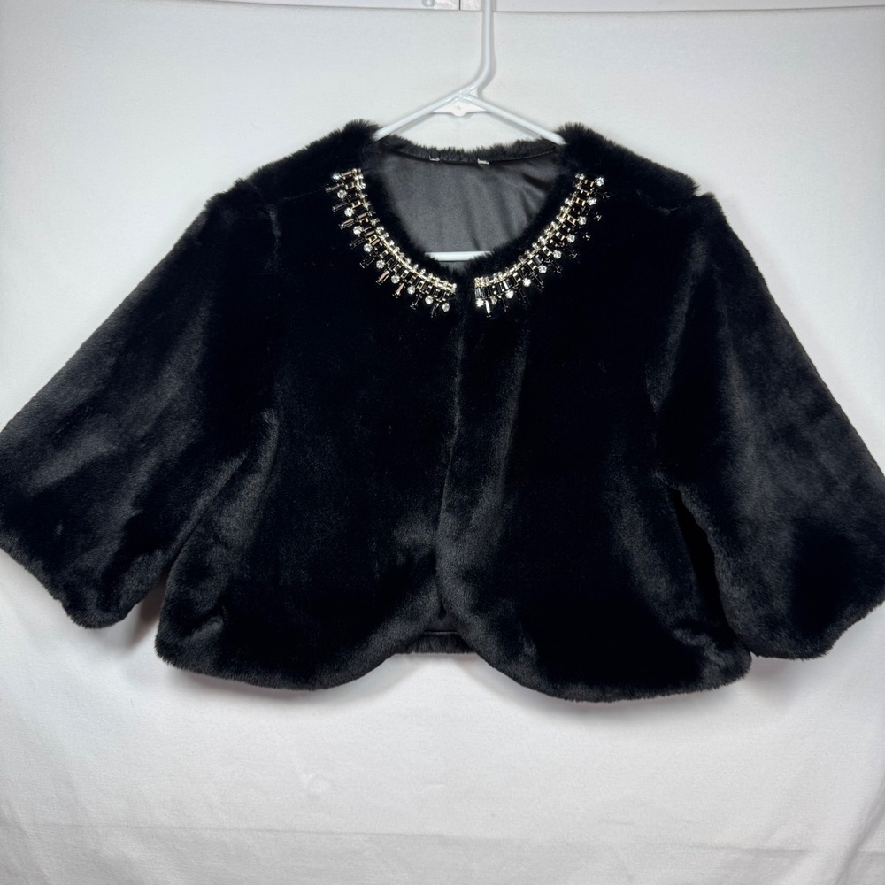 Haani Black Faux Fur Cropped Shrug with Jeweled Collar